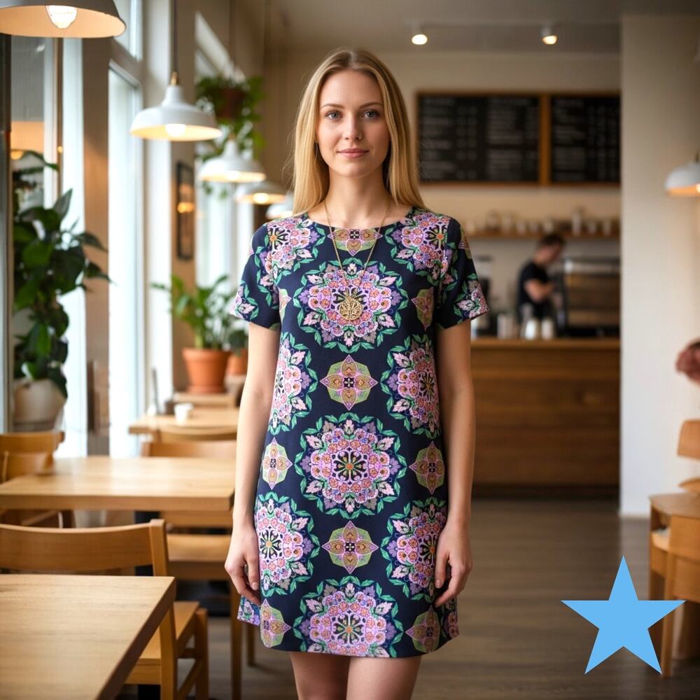 J Crew Navy Purple Floral Print Shift Women’s Short Sleeve Dress Size 00 XS 0